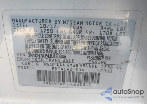 2018 Nissan Versa 1.6 S+ z USA, uszkodzony, nr VIN 3N1CN7AP4JL830345